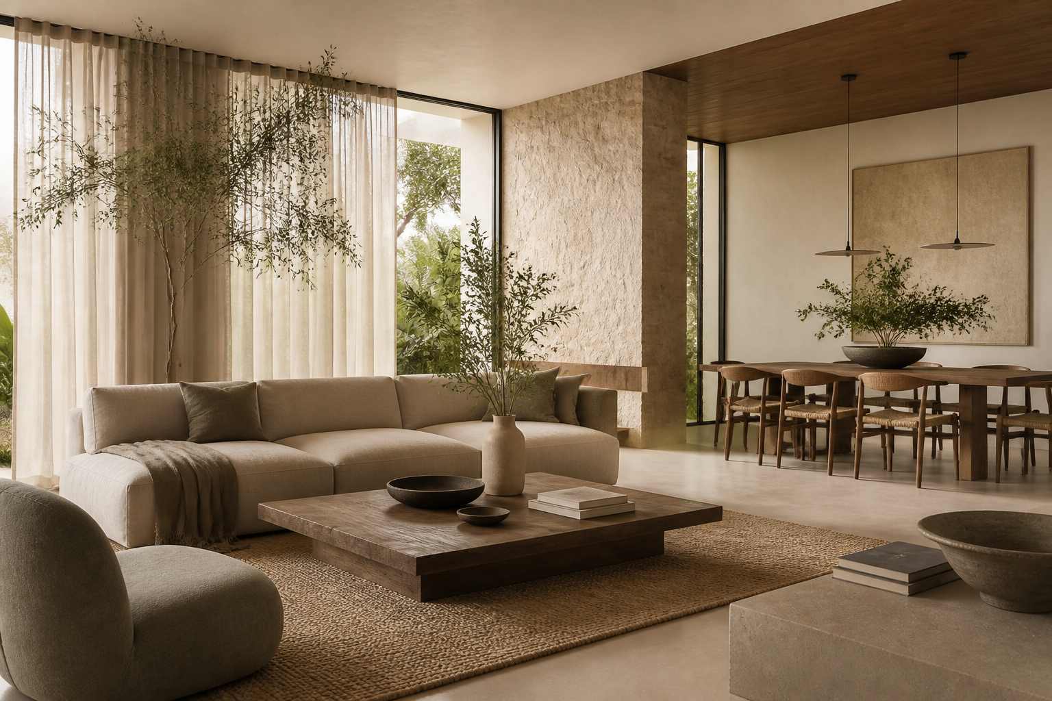 Interiorismo natural con materiales cálidos y vegetación